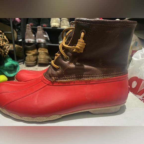 SPERRY Saltwater Tan Red Rain Duck Boots Size 11 - Picture 2 of 6